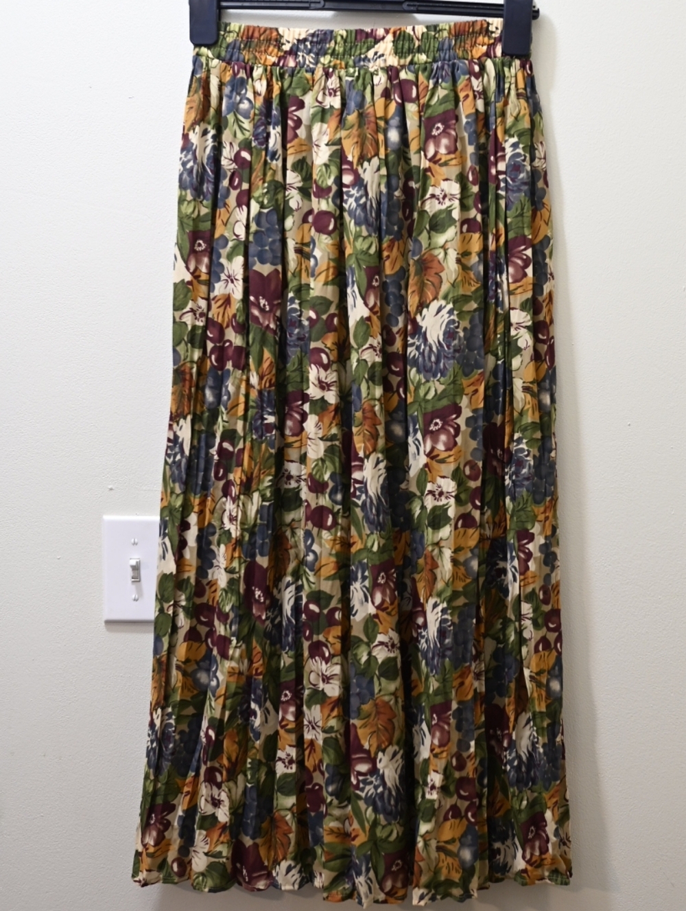 Vintage Sheer Floral Fruit Pleated Pull On Maxi Skirt Cherry Grapes Fall Small